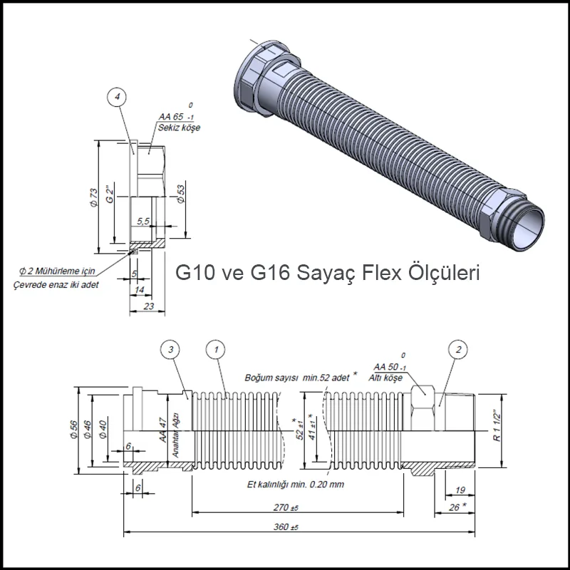 G10 G16 doğalgaz sayaç bağlantı hortumu teknik çizim – TS13890