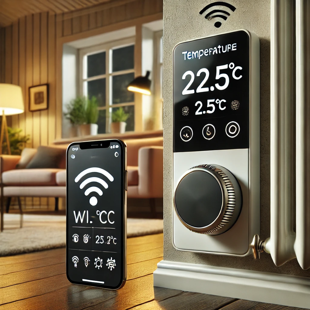Sıcaklığı (22,5°C) gösteren dijital ekrana sahip modern kablosuz akıllı oda termostatı, kontrol için mobil uygulamayı görüntüleyen bir akıllı telefonun yanında
