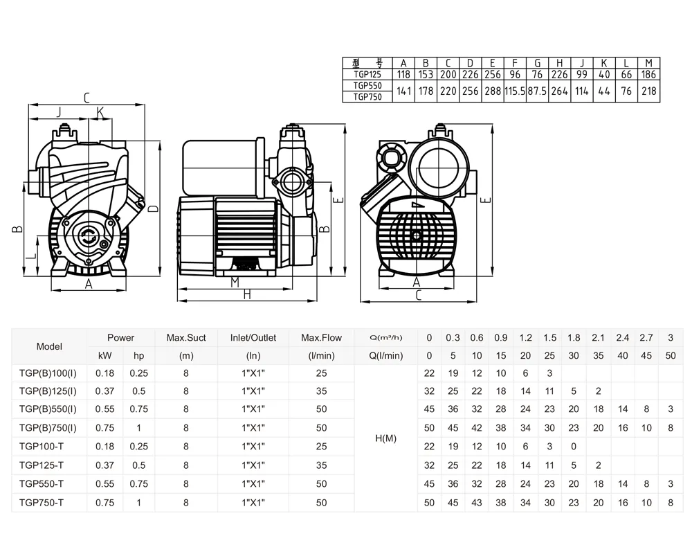 Taifu TGP125, TGP550 ve TGP750 modellerinin detaylı teknik ölçü çizimleri ve ölçü tablosu.