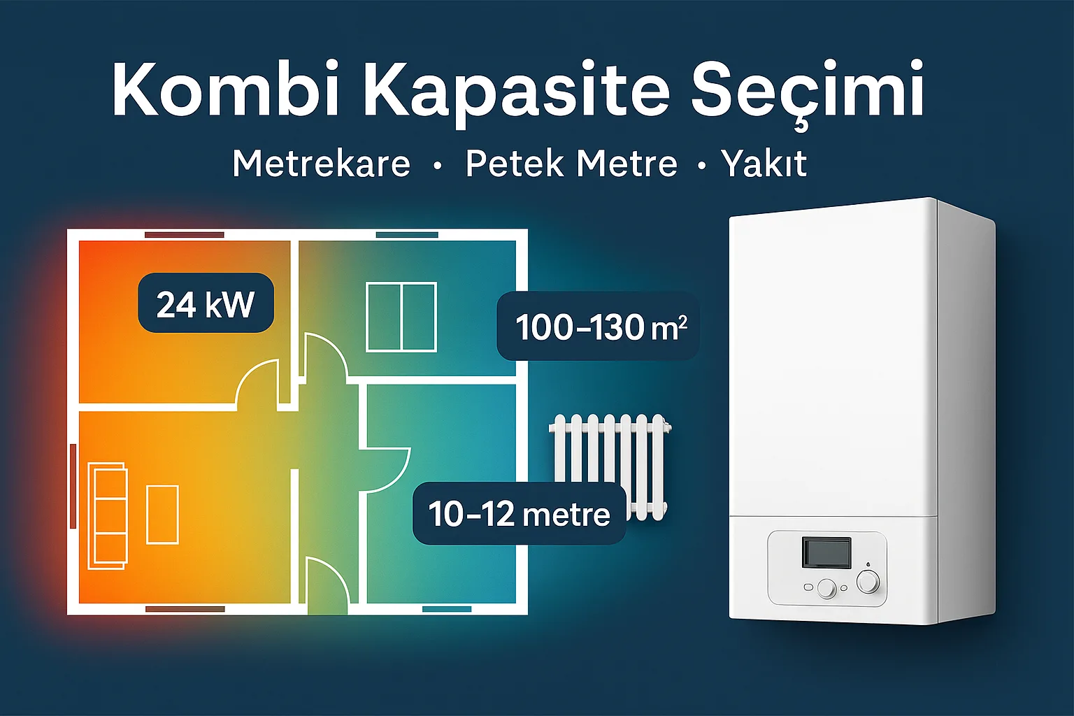 24 kW kombi kaç m² ısıtır rehberi, petek metre hesabı ve kombi kapasite ölçümü görseli