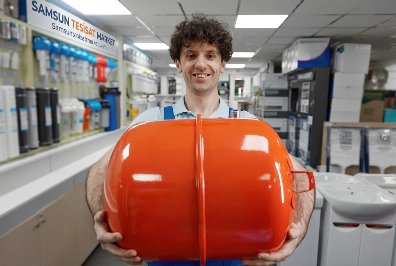 Tesisat market mağazasında personel genleşme tankı ile gülerek poz vermiş