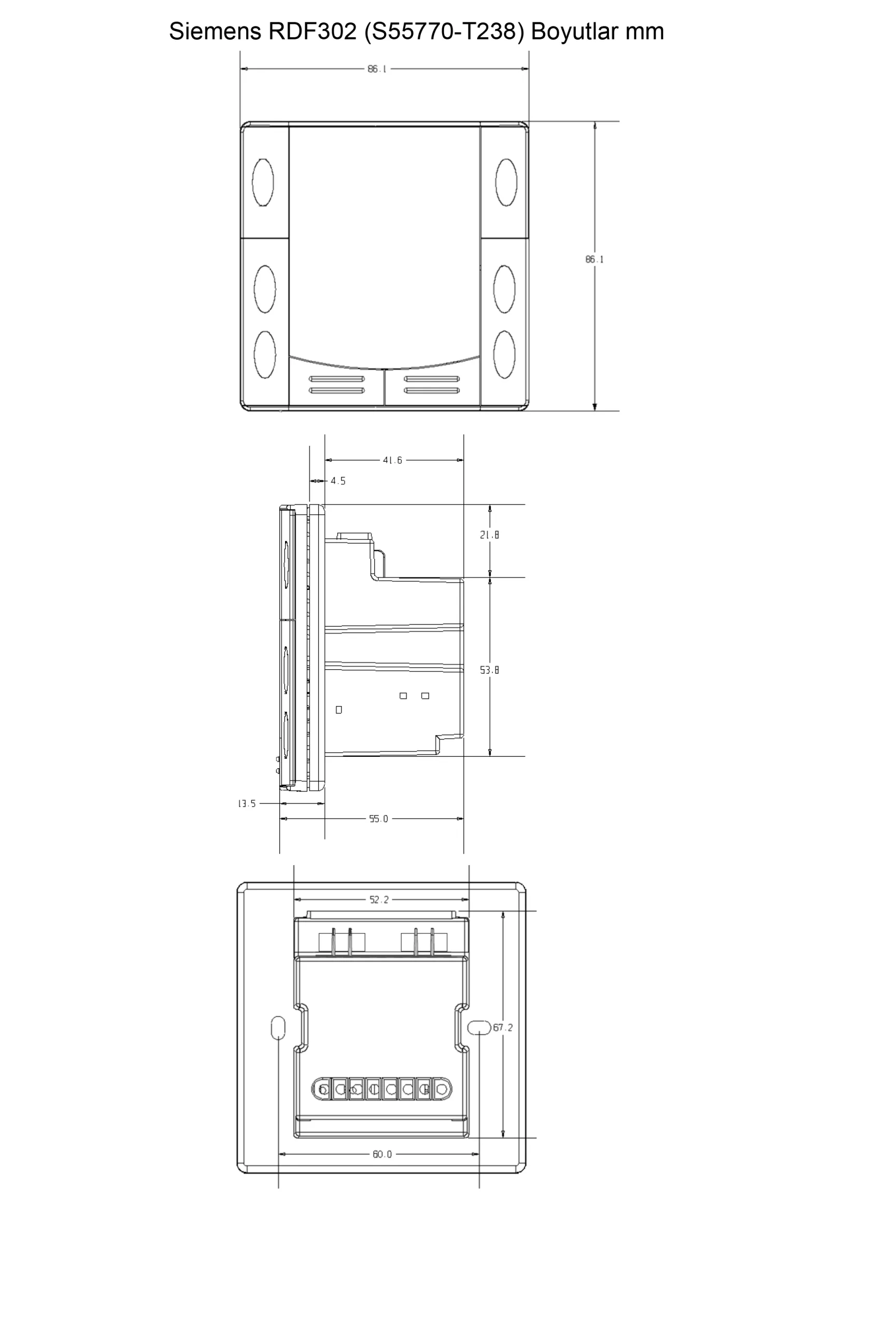 Siemens RDF302 ölçüleri ve montaj boyutları